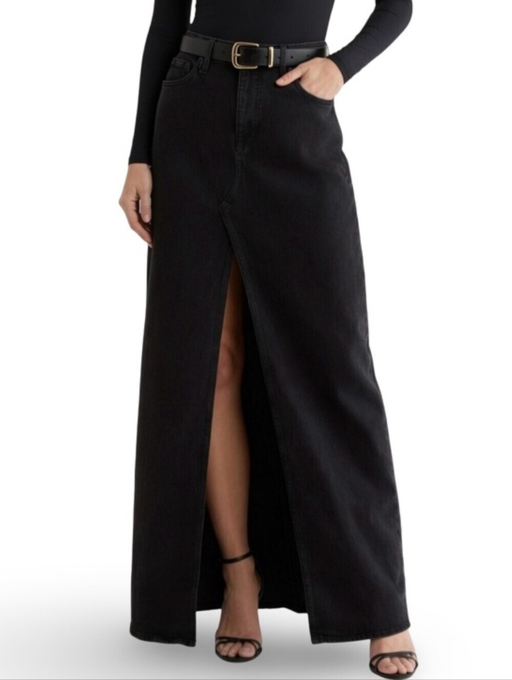 NWT Good American Good Ease Denim Maxi Skirt Black Slit Size 16